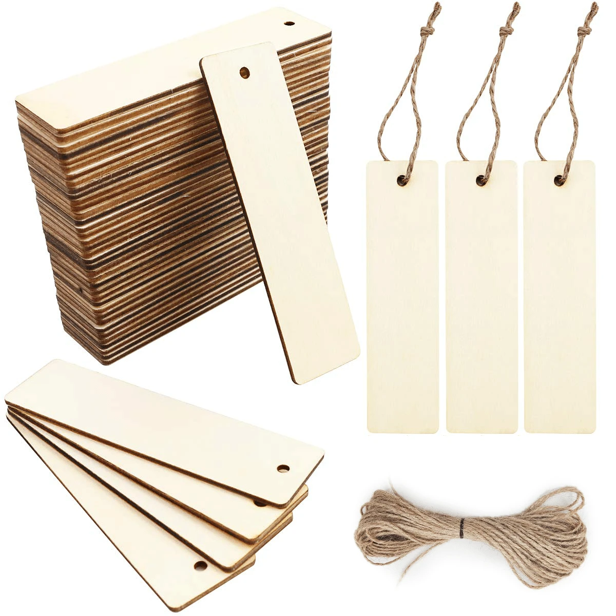 10/20/40/60pcs Wooden Blank Bookmarks, DIY Handmade Rectangular Wooden Tags With Rope, Suitable For Wedding, Birthday Party Decoration, Rustic Style Holiday Bookmarks - A - View 1