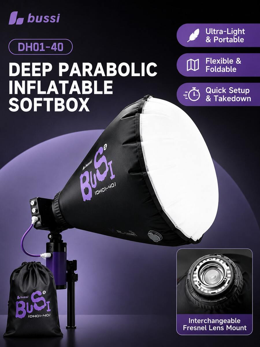Bussi DH01-40 Softbox Inflable, Almacenamiento Portátil Plegable para Exteriores, Inflado Rápido en 30s, Incluye Juego de Lentes Fresnel, Compatible con Montura Godox, Perfecto para Iluminación de Retrato, Transmisión en Vivo, Cosplay y Fotografía de Productos (Bomba de Aire No Incluida) - Ver 1