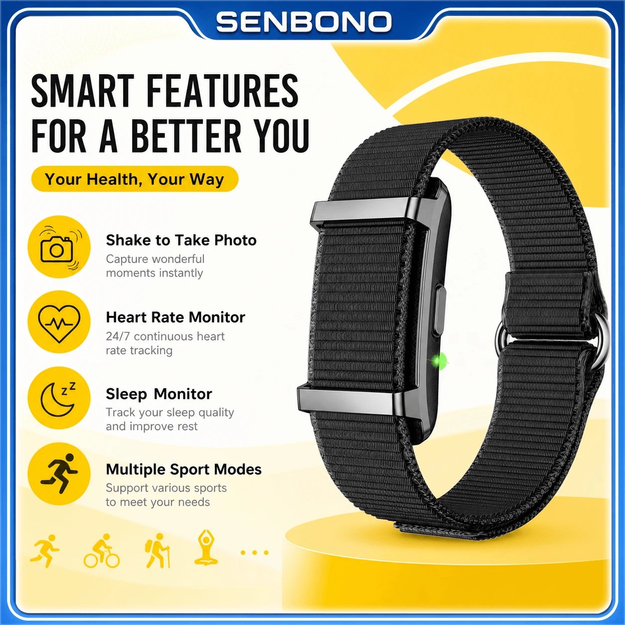 SENBONO Noua modă Smartwatch, design fără ecran, impermeabil, moduri sportive multiple, brățară de urmărire a activității, brățară inteligentă pentru monitorizarea somnului - Vizualizare 1