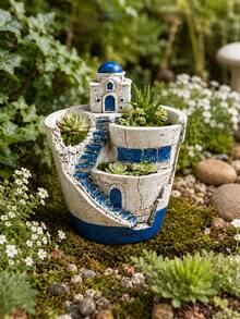 Blue & White Santorini House Staircase Design Resin Multi-Compartment Cracked Surface Succulent Cactus Planter, Indoor Desktop Windowsill Home Gardening Floral Container - Dome Castle Flower Pot - View 7