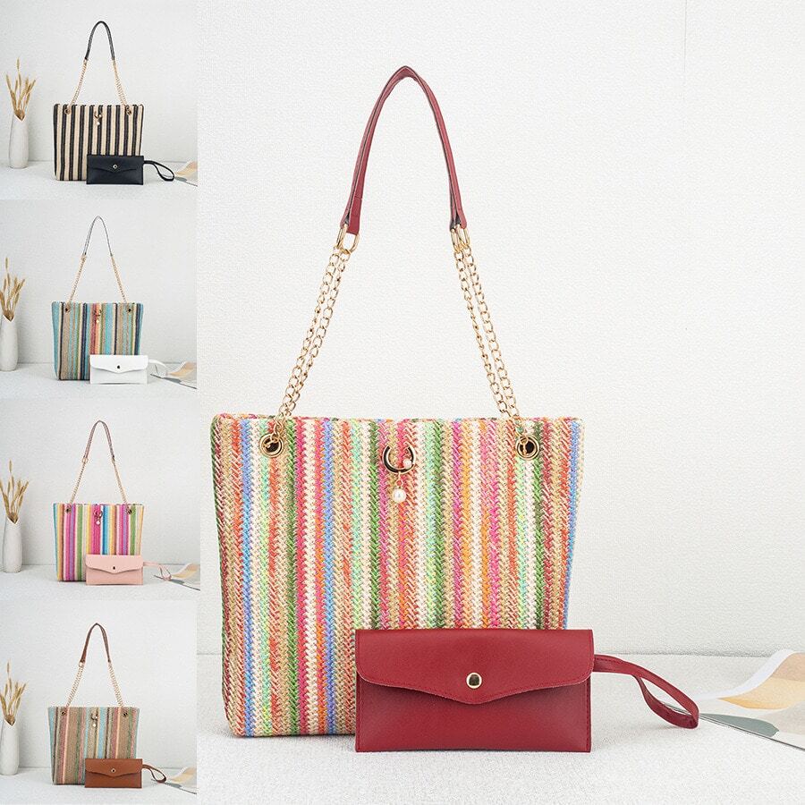 Bolso bandolera tejido arcoíris dulce y fresco 2026 nueva moda estilo japonés con colgante de perla cabeza de gato bolso de hombro - Multicolor - Ver 1
