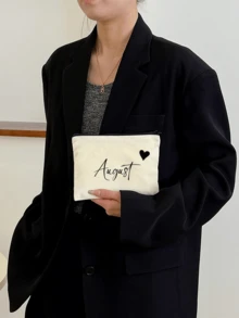 1pc Customized Unique Fashion Simple Letter Lightweight Pouch, Can Accommodate Phone, Cosmetic Bag, Coin Purse, Clutch, Travel Essential Cute Letter Name Text Logo - Beige - View 3