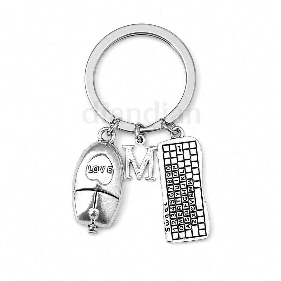 1 pieza Llavero de teclado de juego plateado nuevo, llavero colgante de computadora de aleación de zinc con diseño creativo de ratón de computadora y moda de juego
