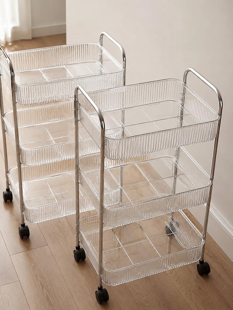 1pc Transparent Mobile Cosmetic Storage Cart, Large Capacity Multi-Functional Bathroom Organizer Display Rack, Bathroom Accessories, Rolling Cosmetic Storage Trolley, Suitable For Office, Bathroom, Kitchen, Living Room Mobile Storage Rack