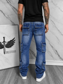 American Street Clean Fit Retro Washed Blue Casual Denim Jeans Men Slim Fit Flared Leg Slimming Long Pants - Blue - View 2