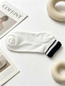 5 Pairs Neutral Color Double Stripe Ribbed Short Socks, Solid Color Contrast Cuff Low-Cut Socks, Minimalist Daily Versatile Casual Women's Socks - Multicolor - View 4
