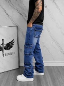 American Street Clean Fit Retro Washed Blue Casual Denim Jeans Men Slim Fit Flared Leg Slimming Long Pants - Blue - View 4