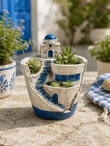 Blue & White Santorini House Staircase Design Resin Multi-Compartment Cracked Surface Succulent Cactus Planter, Indoor Desktop Windowsill Home Gardening Floral Container - Dome Castle Flower Pot - View 11