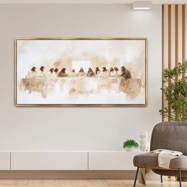 1 bức tranh canvas trừu tượng tối giản màu be "The Last Supper" lấy cảm hứng từ Da Vinci, trang trí tường ngang, phù hợp cho phòng khách và phòng ngủ, không khung, Shepherd Art, đức tin Kitô giáo