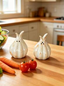 2pcs Novelty Garlic-Shaped Ceramic Salt & Pepper Shakers, White Rustic Seasoning Bottles, Cute Kitchen Decor, Perfect Gift For Home Cooking Lovers - Multicolor - View 8
