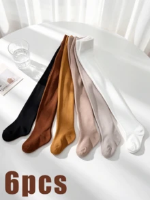 6 Pairs Girls Solid Color Knitted Tights, Soft Breathable Earth Tone Full Foot Leggings, High Elasticity All-Match Style Tights For Kids, Versatile Princess Dress Underwear For Spring And Autumn - Multicolor - View 1