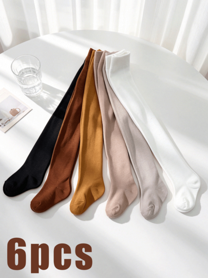 6 Pairs Girls Solid Color Knitted Tights, Soft Breathable Earth Tone Full Foot Leggings, High Elasticity All-Match Style Tights For Kids, Versatile Princess Dress Underwear For Spring And Autumn