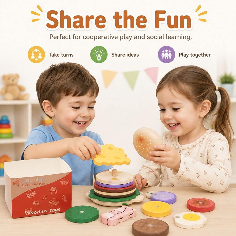 Wooden Educational Toy For Kids, Single Hamburger Set For Pretend Play, Interactive Wooden Toy For Parent-Child Interaction, Wooden Simulation Hamburger And Fries Combo Role Play Pretend Play Educational Toy