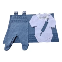 Kit Saída Maternidade Bebê Menino Tricô Enxoval Jardineira - jeans - Visão 3