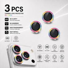 3pcs Glitter Colorful Camera Lens Protector Film, Compatible With IPhone 17 6.3 Inch, [AR+AF] High Definition Transparent Tempered Glass Lens Cover, 9H Scratch Resistant Separate Metal Shiny Ring, Compatible With Phone Case, Easy Installation, Shiny Colorful - Multicolor - View 18