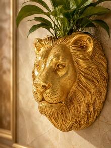 Pot de fleurs mural en résine avec tête de lion et d'ours dorés, pot de fleurs mural texturé pour plantes grasses, décoration murale de luxe, pour le mur du salon, la clôture du balcon, le porche, le mur du café & l'ornement mural de verdure moderne et glamour, décoration de jardin, pots de jardin - Nouveau style - Voir 4