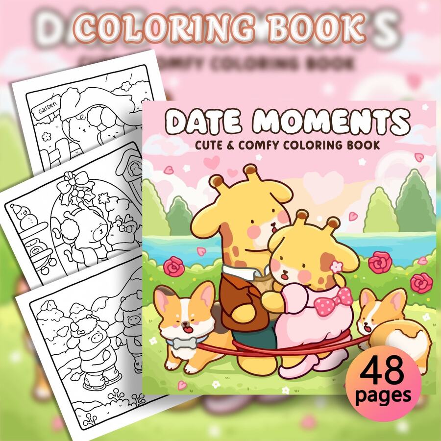 48 Páginas - 220g, Livro de Colorir com Tema de Encontro de Animais de Estimação Fofos, Material de Papel Grosso e Durável, Estilo Suave e Fofo, Padrões de Animais de Estimação Fofos Antropomórficos + Cenas de Encontro, Arte de Linha com Camadas Ricas, Adequado para Colorir Crianças + Alívio do Estresse + Interação Pais-Filhos, Livro de Colorir de Encontro de Animais de Estimação Fofos, Adequado como Presente para Meninas.,Aprimorando a Criatividade, Belamente Projetado - Momentos de encontro - Visão 1