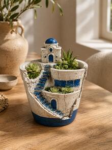 Blue & White Santorini House Staircase Design Resin Multi-Compartment Cracked Surface Succulent Cactus Planter, Indoor Desktop Windowsill Home Gardening Floral Container - Dome Castle Flower Pot - View 10