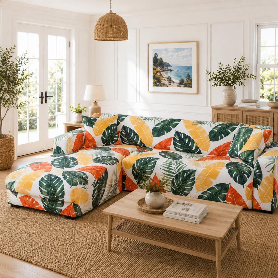 1pc Tropical Plant Pattern Printed Sofa Cover, Dustproof And Stain-Resistant, Elastic One-Piece Full Coverage Sofa Protector, Living Room Home Decor, 1/2/3/4 Seater Sofa Decoration, All Season Use, Machine Washable, Pillowcase Not Included - Burnt Orange - View 1