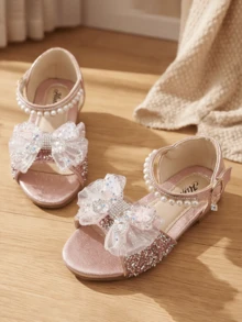 Girls Pink Gold Rhinestone Mesh Bow Princess Sandals, Pearl Decor Open Toe Non-Slip Chunky Heel Flat Shoes For School, Party, Birthday, Performance - Pink - View 4