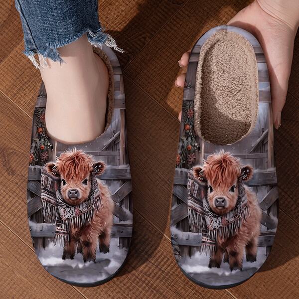 Double Animal Bull Christmas Casual Fabric Patchwork Halloween Heat-Pressed Cartoon Animal Slippers Home Winter Anti-Slip Plush Lining Printed Cute Animal