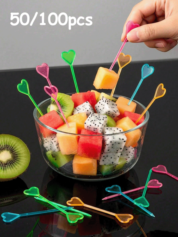 50/100pcs Assorted Color Fruit Picks, Heart Shaped Fruit Picks, Toothpicks, Heart Shaped Cocktail Appetizer Picks, Food Picks, Sandwich And Beverage Picks, Suitable For Holidays, Parties, Birthdays, Christmas, BBQ Snacks And Family Gatherings