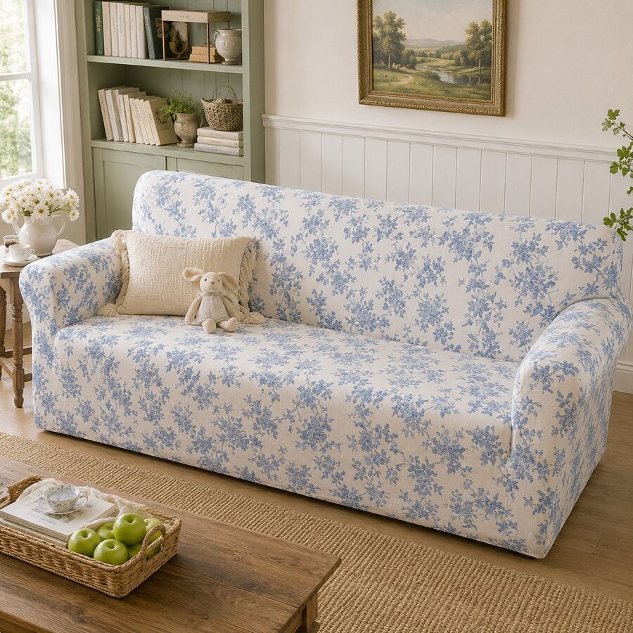 1pc Plant Pattern Printed Sofa Cover, Milk Silk Elastic Sofa Cover, Dust-Proof And Stain-Resistant, Elastic One-Piece Full Coverage Sofa Protector, Living Room Home Decor, 1/2/3/4 Seater Sofa Decoration, All Season Universal, Machine Washable, Pillow Case Not Included - Navy Blue - View 1
