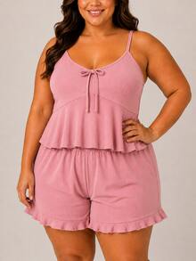 Short Doll Plus Size Feminino Canelado Pijama Alça Fina Babado Confortável - Rosa Bebê - Visão 2