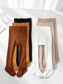 6 Pairs Girls Solid Color Knitted Tights, Soft Breathable Earth Tone Full Foot Leggings, High Elasticity All-Match Style Tights For Kids, Versatile Princess Dress Underwear For Spring And Autumn - Multicolor - View 4