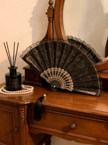 1pc Vintage Black Lace Folding Hand Fan, Summer Handheld Decorative Fan, Chinese Retro Tassel Orchid Fan, Essential For Weddings And Festivals, Dance Performance And Photography Prop, Hanfu Cheongsam Summer Party Decoration - Multiple Styles - View 6