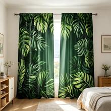 2pcs/Set, Multicolor, Tropical Leaf And Monstera Pattern, Vibrant Botanical Style Printed Curtains, 100% Polyester Fabric, Rod Pocket Design 2 Panels, Unlined, 180gsm, 180cm Wide, Ideal For Bedroom, Living Room And Coastal Themed Spaces - Multicolor - View 9