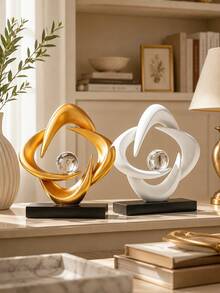 Modern Abstract Sculpture Decor, Gold White Tabletop Statue, Crystal Ball Decorative Figurine, Luxury Shelf Decor, Living Room Office Desk Ornament, Entryway Home Decoration Gift - 1pc - View 4