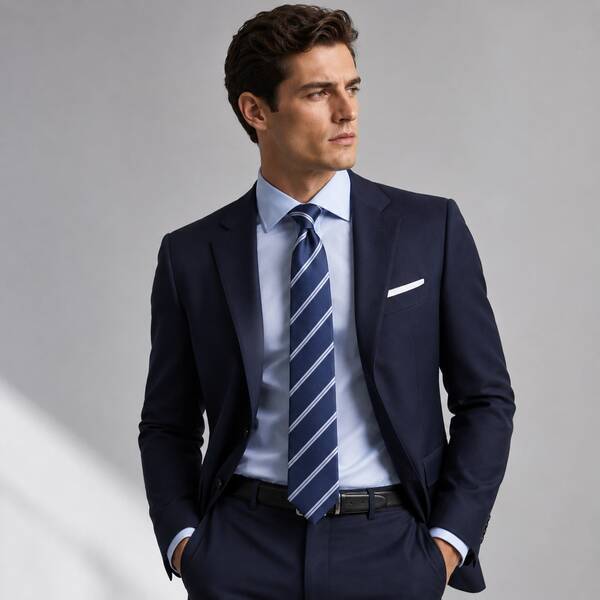 1pc Men's Versatile Navy Blue Striped Tie, Business & Academic Style, Student Uniform, Groom Shirt Accessory, Hand-Tied Design