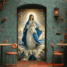 2D Flag - Religious Theme Banner Background, Featuring The Image Of The Virgin Mary Holding The Baby Jesus, Along With Elements Of Angels, Auspicious Clouds And Believers. Made Of Polyester Fabric, It Does Not Require Power Supply. - 1 - View 4