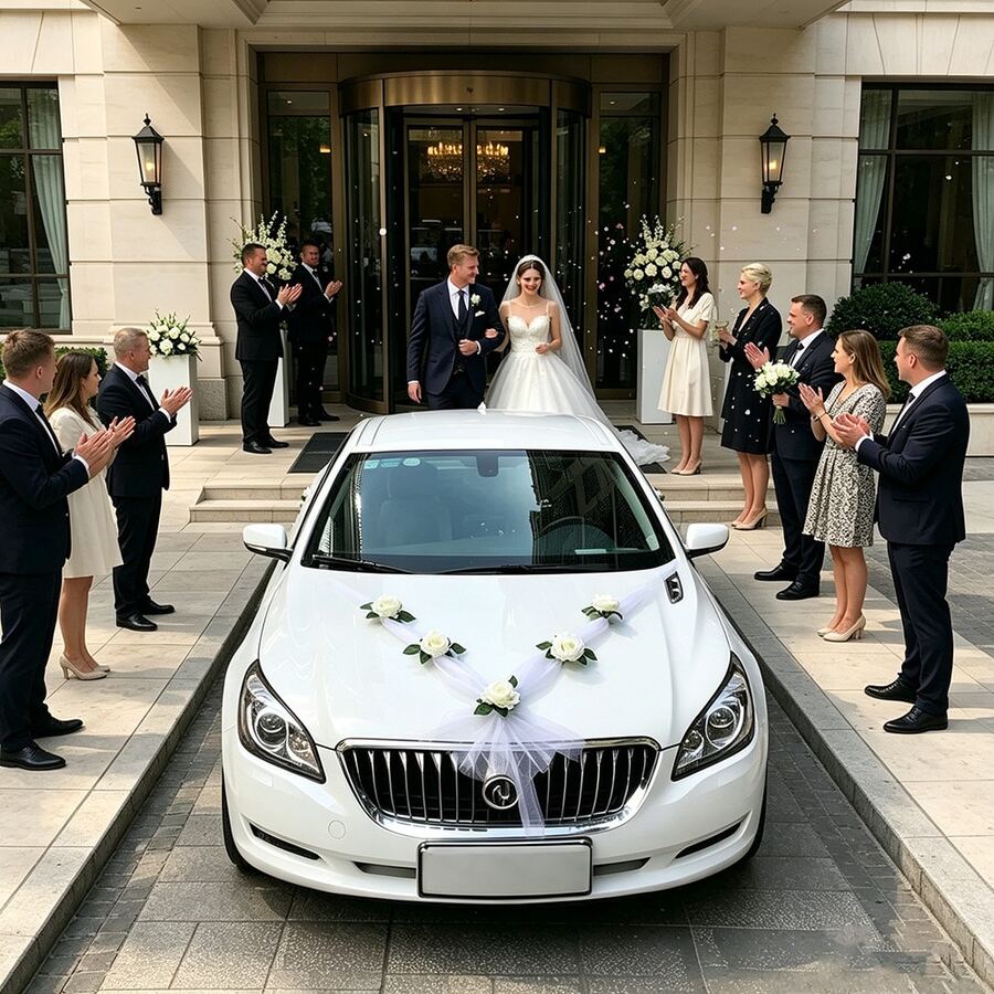 汽車婚禮裝飾,新婚汽車裝飾白色玫瑰人造花束緞帶套組,附2條薄紗緞帶,適用婚禮、派對 - 彩色 - 查看 1