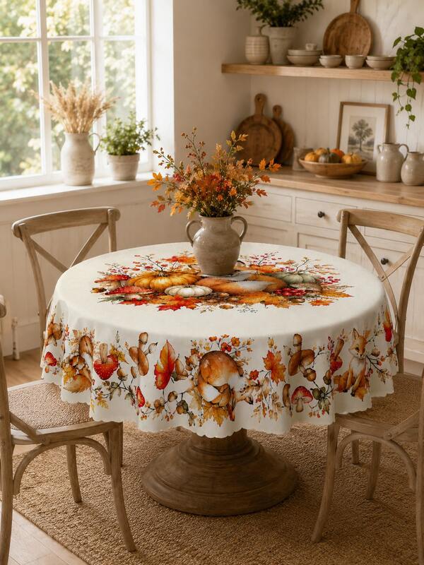 Herfst Vos Paddenstoel Eikel Rond Tafelkleed - Aquarel Esdoornblad Pompoen Print, Vintage Boerenhuis Tafelkleed Voor Bos Thema Feest, Gezellige Herfst Brunch, Rustieke Keuken Eetkamer, Thanksgiving Bijeenkomst, Cottagecore Huisdecoratie & Seizoensgebonden Tafel Styling