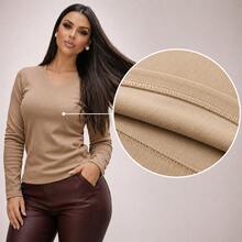 Women's Ribbed Knit V-Neck Long Sleeve Plush Blouse Casual Elegant Chic Comfortable Warm Autumn Winter 2026 Fashion  Bordeaux - 米色 2 - 查看 1
