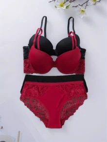 2pcs/Set Pakaian Dalam Wanita Nyaman - Bra Push-Up Jacquard Renda Mewah, Penopang Tinggi, Kain Lembut & Bernapas, Kenyamanan Maksimal - MultiWarna - View 2