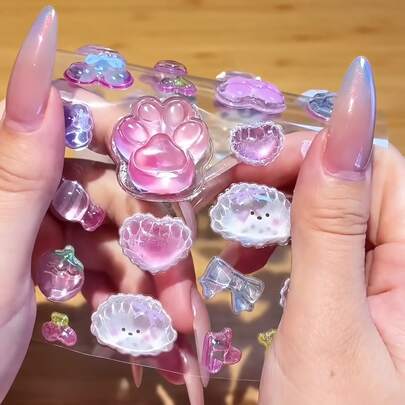 Kawaii 3D Crystal Cat Paw Squeeze Pinch Embossed Relief Sticker Relieve Stress Cute DIY Phone Case Water Bottle Decor Sticker School Stationery,Reusable Waterproof Stickers