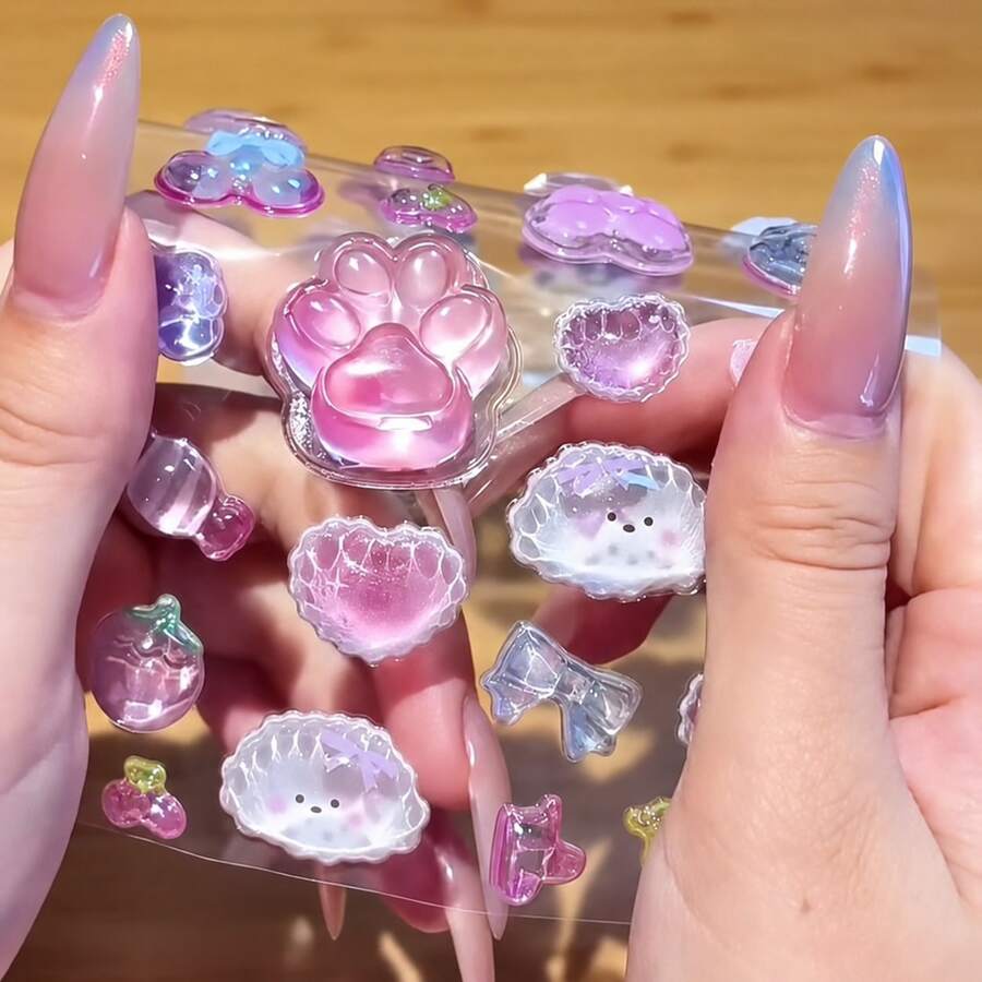 可愛3D水晶貓爪捏捏壓花浮雕貼紙 紓壓可愛DIY手機殼水壺裝飾貼紙 學校文具 可重複使用防水貼紙