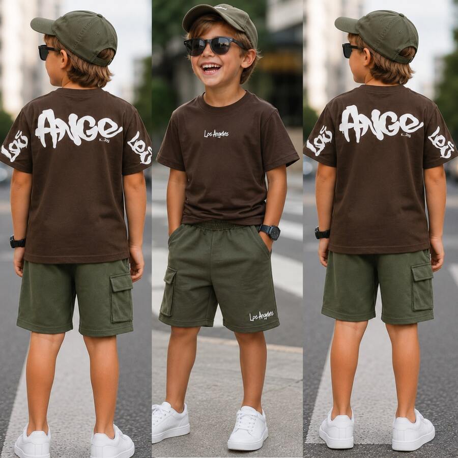 Conjunto Infantil Masculino Camiseta de Algodão Bermuda Moletinho para Meninos - Verde - Visão 1