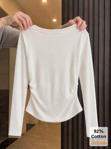 Women's Autumn/Winter Long Sleeve V-Neck T-Shirt, White Solid Color Versatile Slimming Inner Layer Base Top - White - View 2