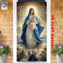 2D Flag - Religious Theme Banner Background, Featuring The Image Of The Virgin Mary Holding The Baby Jesus, Along With Elements Of Angels, Auspicious Clouds And Believers. Made Of Polyester Fabric, It Does Not Require Power Supply. - 1 - View 2