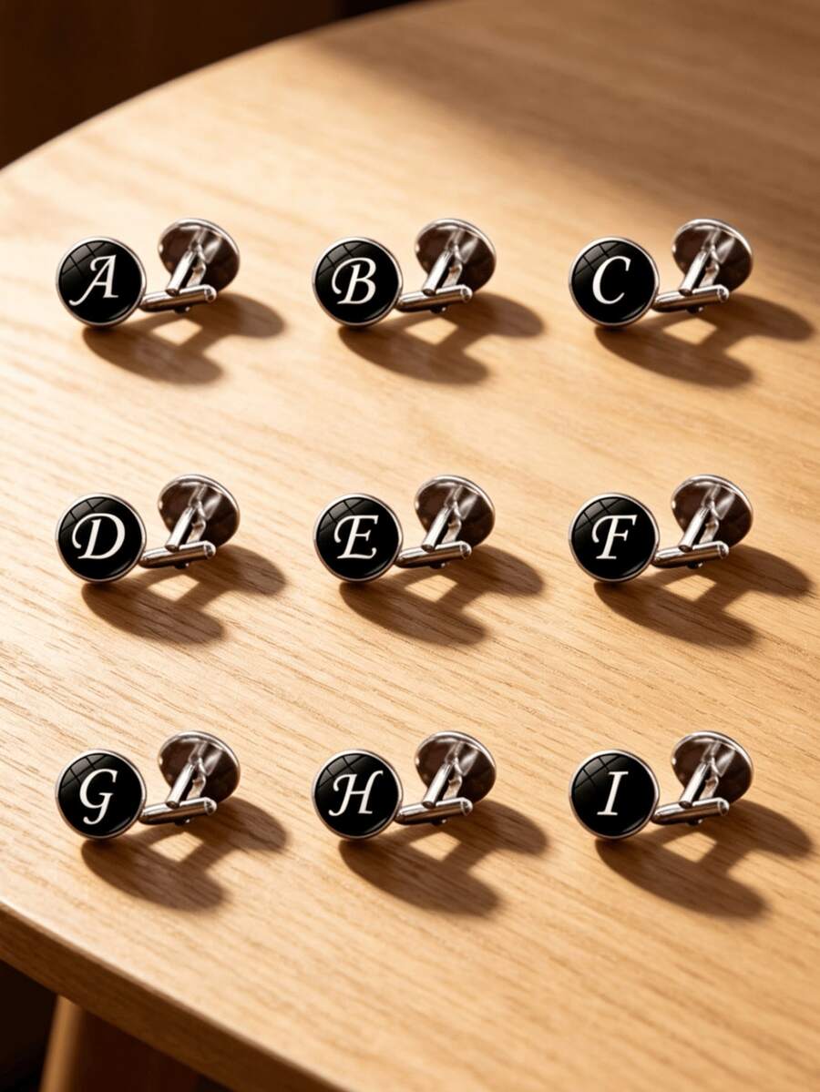 1 Pair Halloween Wedding/Men's 26 English Alphabet Time Gemstone Cufflinks, Fashion Creative Accessories For French Shirt, Wedding Season Groom Cufflinks - Black - View 1