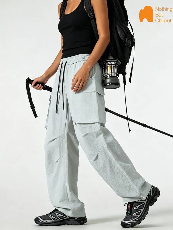 NBCT Women's Outdoor Cargo Wide Leg Pants, Elastic Drawstring High Waist Multi-Pocket Design With Adjustable Hem, Versatile Functional Straight Leg Hiking Pants For Climbing And Camping