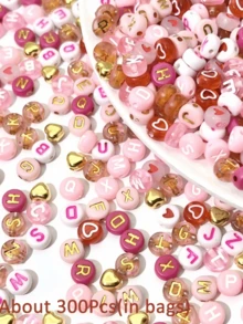 300/840pcs Pink, Red, White Multi-Color Golden Letter Beads And Heart-Shaped Acrylic Beads Combination Set - Jewelry Making Kit - Suitable For Jewelry Making DIY, Handmade Bracelets, Necklaces Craft Supplies - Pink - View 7