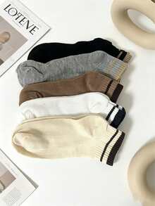 5 Pairs Neutral Color Double Stripe Ribbed Short Socks, Solid Color Contrast Cuff Low-Cut Socks, Minimalist Daily Versatile Casual Women's Socks - Multicolor - View 10