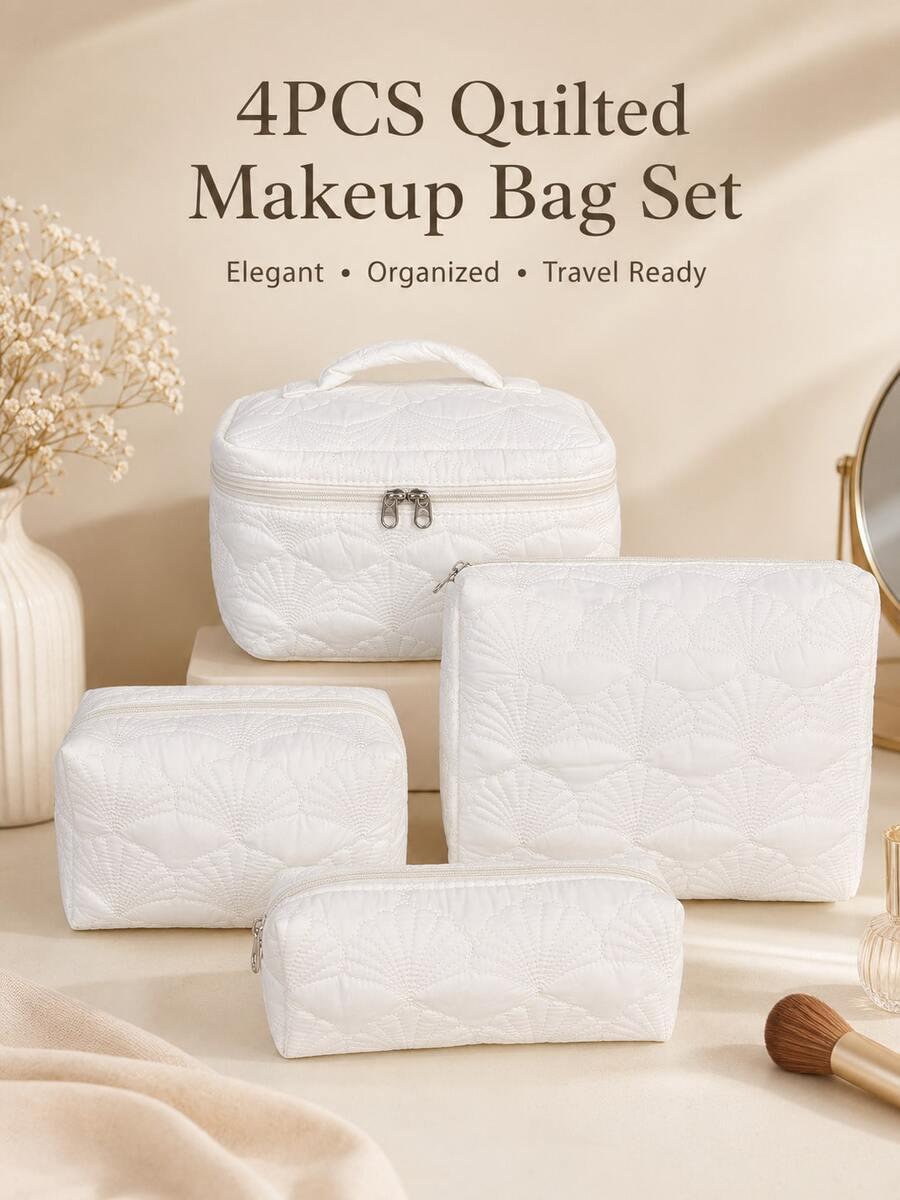 Conjunto Elegante de Bolsa de Maquiagem Branca com Concha, Design Acolchoado Macio Estilo INS, Bolsa Grande de Capacidade Multifuncional com Múltiplos Compartimentos, Bolsa de Armazenamento de Viagem Multifuncional, Bolsa de Armazenamento, Organizador de Cosméticos, Ferramentas de Maquiagem e Outros Itens, Bolsa de Higiene Pessoal, Presente de Feriado, Lembrança - Branco - Visão 1