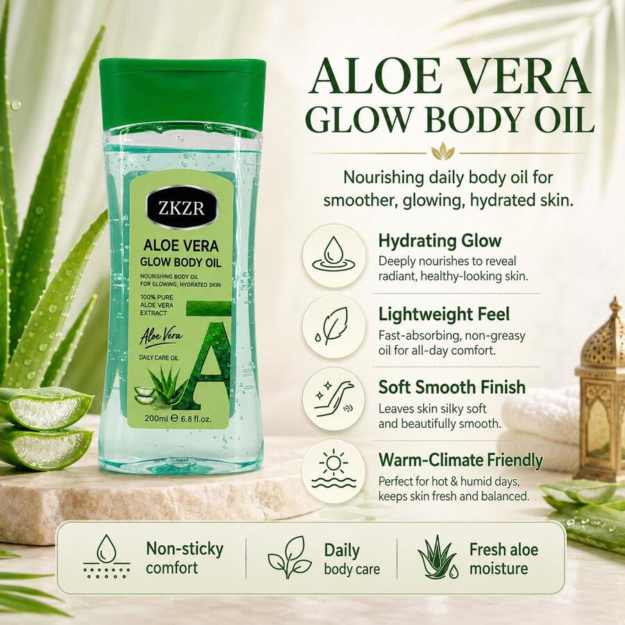Glow Aloe Vera Body Oil 200ml, Melembapkan & Memperbaiki Kulit Kusam, Ekstrak Lidah Buaya Premium, Tekstur Ringan dan Halus, Perawatan Tubuh di Rumah Pagi dan Malam, Untuk Semua Jenis Kulit, Cocok Untuk Pria dan Wanita di Semua Musim - lidah buaya - View 1