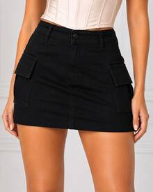 Graphite And Blue Cargo Denim Skirt With Side Pockets - Negro - Ver 1